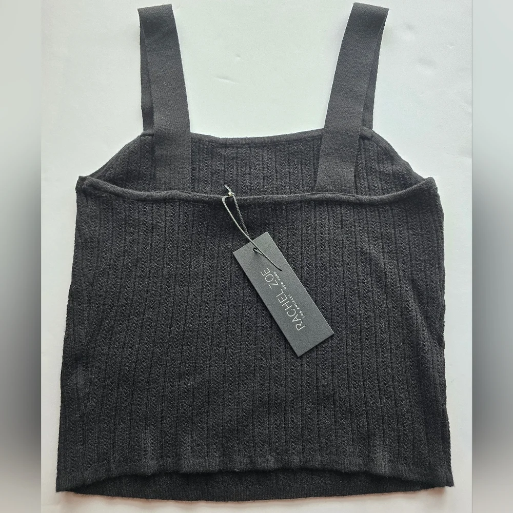 Rachel Zoe Black Ribbed Crop Sleeveless Tank Top NWT Wide Straps Size Med - Picture 3 of 5